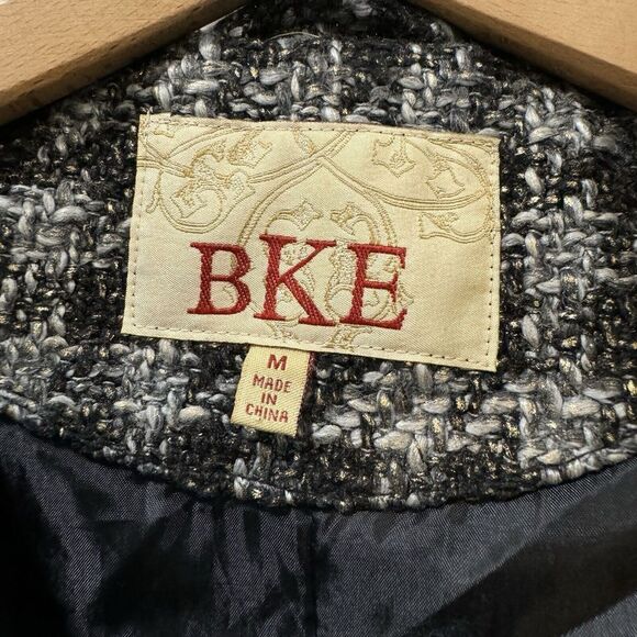 BKE Buckle Peacoat Jacket Womens Medium Black‎ White Houndstooth Double Breasted - Picture 3 of 11